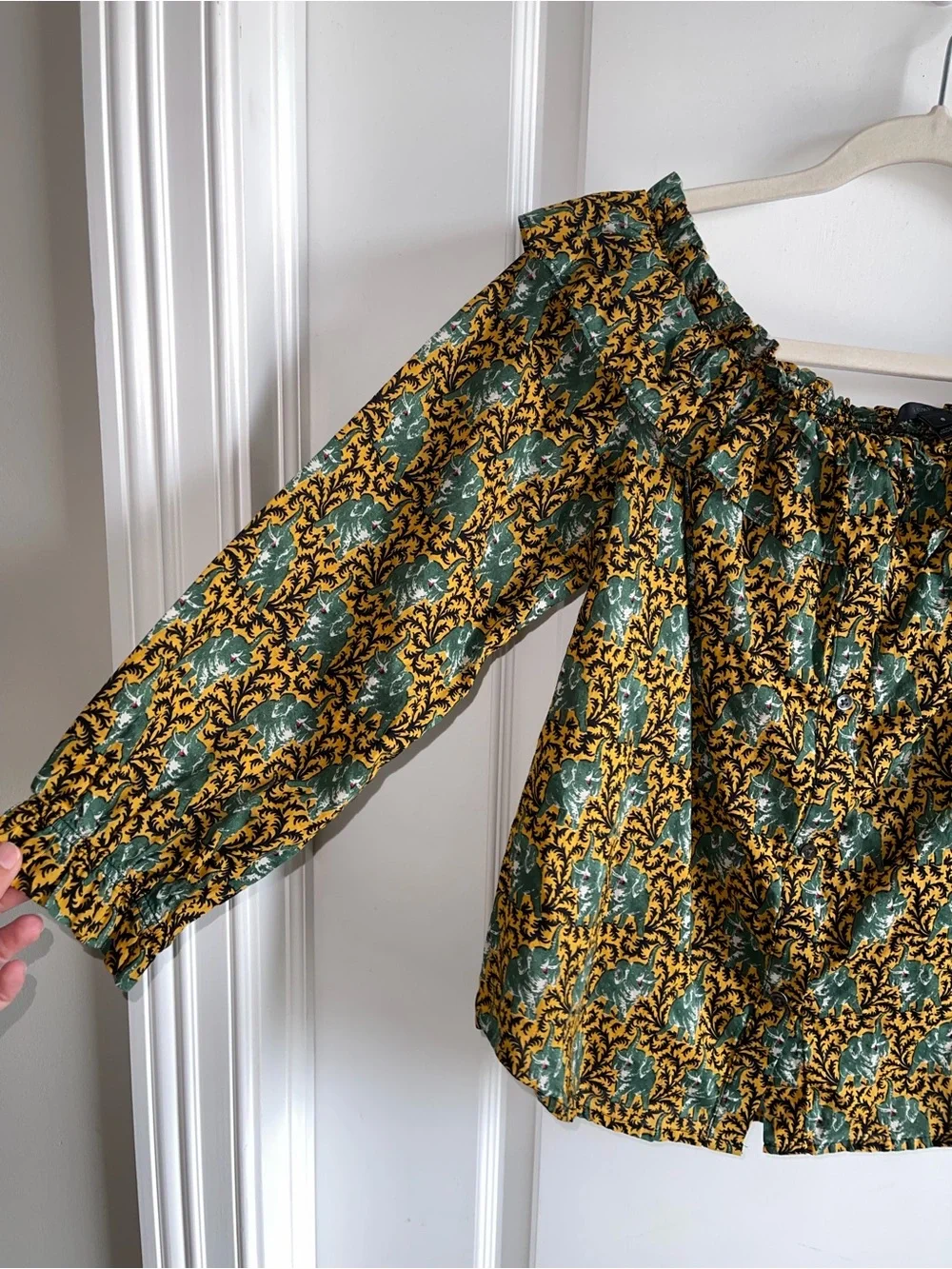 J.Crew Elephant Print Ruffle Peasant Blouse Size 8 Mustard Yellow Boho Top